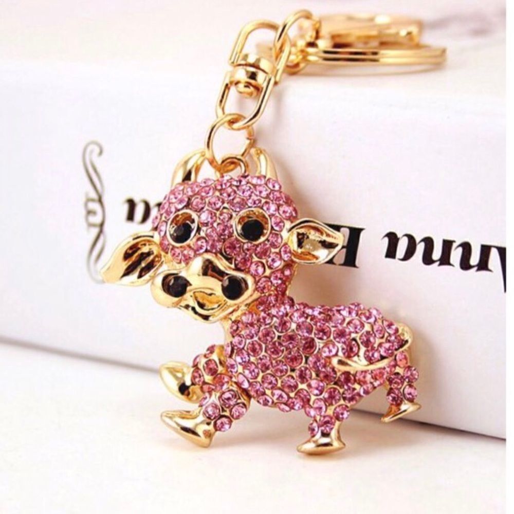Cartoon Style Pink Crystal Cow Keychain Charm - Picture 2 of 3